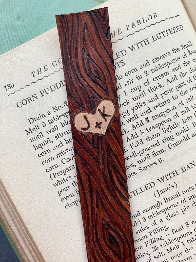 3rd Anniversary Personalized Leather Bookmark Wood grain Heart and Custom Initials Carved into a Tree Sweet hearts, Best friends image 1