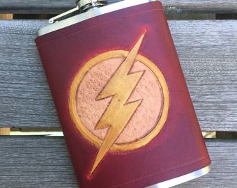 Leather Flask - Hand Tooled - Super Hero - The Flash - Groomsmen Gift - Wedding Party Gift