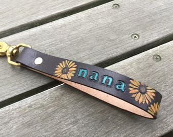 Personalized Leather Key Fob - Leather Keychain - Nana Gift - Sunflowers - Custom Key Fob