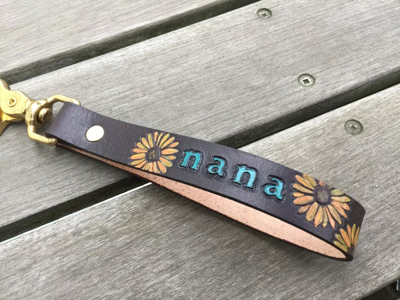 Personalized Leather Key Fob Leather Keychain Nana Gift Sunflowers Custom Key Fob image 1