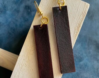 Classic Brown Leather Bar Earrings - hand dyed Brown with Gold Stainless Steel Hooks