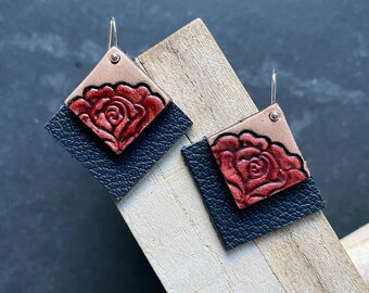 Red Rose Earrings Square Earrings Floral Earrings Daisy hand tooled leather earrings