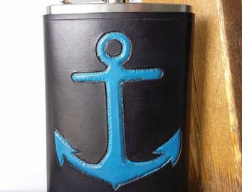 Leather Flask Gift for Dad Gift for Husband 3rd Anniversary Gift Hand Tooled Leather Flask Turquoise Anchor with Black Background