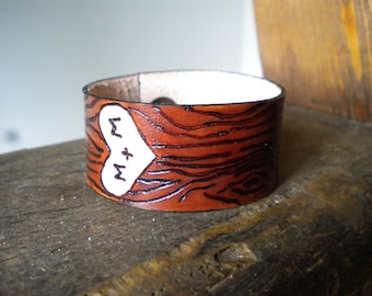 Leather Cuff Faux Bois Wood grain Heart and Custom Initials Carved into a Tree - Sweet hearts, Best friends, Military children