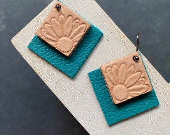 Floral Earrings Daisy with Teal Square hand tooled leather earrings