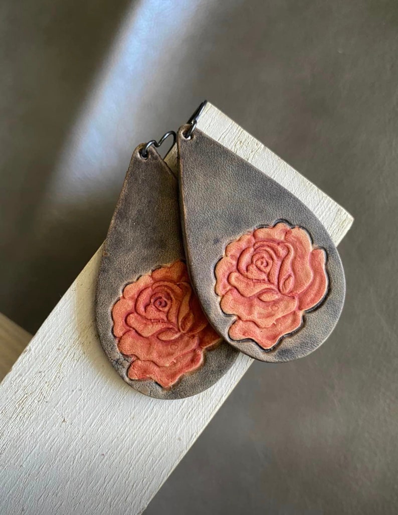 Rose Boho hand tooled leather teardrop earrings hand painted hand dyed Watercolor Light red and gray image 1