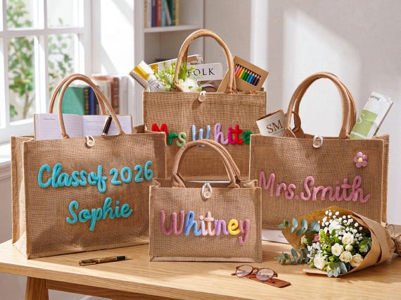 Personalized Burlap Tote Bag, Crochet Name Detail,Teacher Appreciation Gift,Mrs. Gift,Back to School Tote,End of Year Gift,Gift for Teacher
