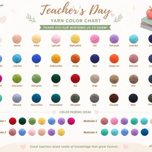 May include: A Teacher's Day yarn color chart featuring rows of circular yarn samples in various colors with labels. The text reads Teacher's Day YARN COLOR CHART, THANK YOU FOR INSPIRING US TO GROW!, COLOR PAIRING IDEAS, and Great teachers plant seeds of knowledge that grow forever.