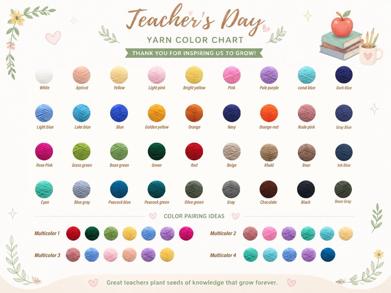 May include: A Teacher's Day yarn color chart featuring rows of circular yarn samples in various colors with labels. The text reads Teacher's Day YARN COLOR CHART, THANK YOU FOR INSPIRING US TO GROW!, COLOR PAIRING IDEAS, and Great teachers plant seeds of knowledge that grow forever.