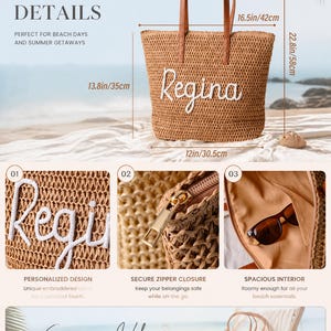 May include: A tan woven straw tote bag with brown leather handles and the name Regina embroidered in white script. The bag measures 42 cm wide by 35 cm high, with a total height of 58 cm and a base width of 30.5 cm.