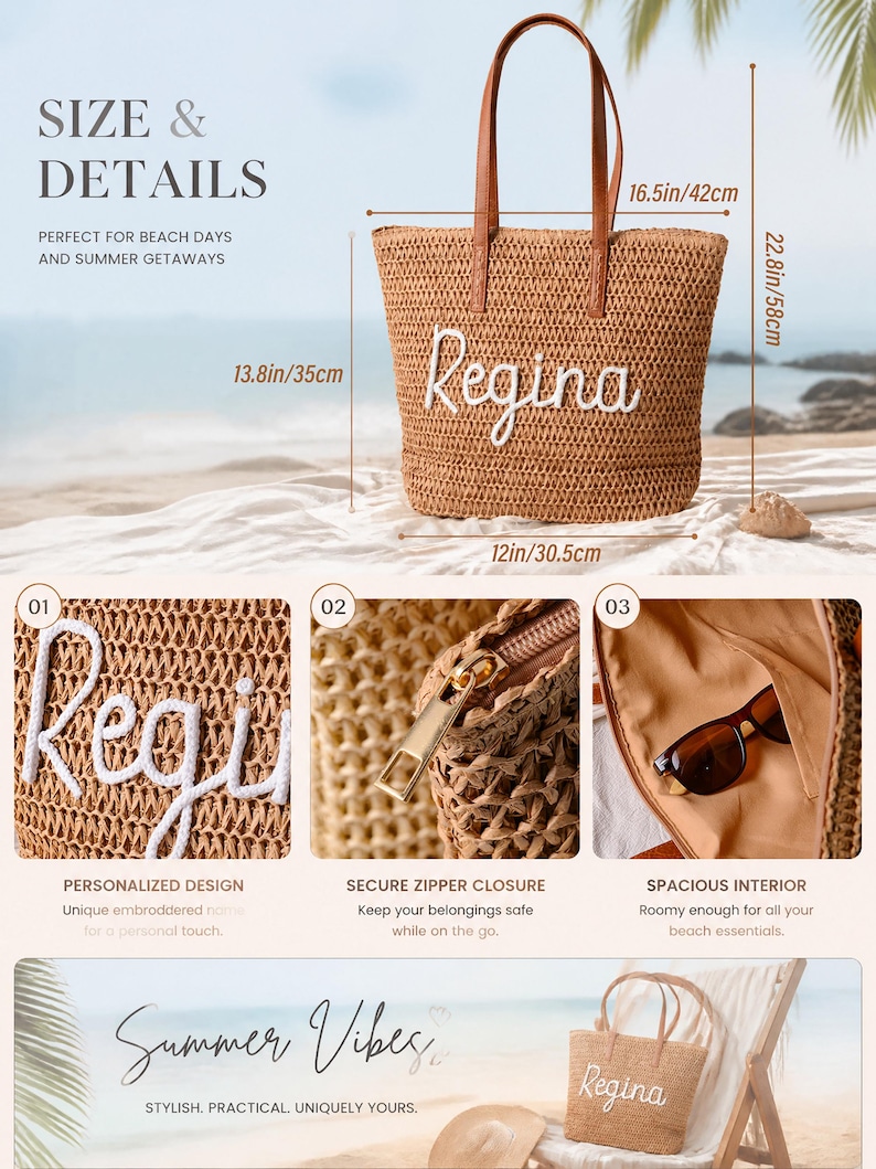 May include: A tan woven straw tote bag with brown leather handles and the name Regina embroidered in white script. The bag measures 42 cm wide by 35 cm high, with a total height of 58 cm and a base width of 30.5 cm.