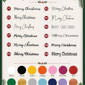 以下が含まれることがあります： 「Font/Font Color」というタイトルのチャートで、「Merry Christmas」というテキストの12種類の番号付きフォントスタイルと、White、Black、Yellow、Orange、Pink、Hot Pink、Red、Dark Green、Gold、Silver、Blue、Navy、Purple、Rose Goldとラベル付けされた14個のカラーサークルが表示されています。
