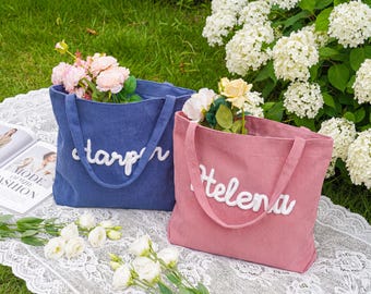 Personalized Corduroy Tote Bag,Bridesmaid Gift Bag,Name Tote Bag with Zipper,Bachelorette Gift,Traveling Handbag,Monogram Bag,Gift for Her
