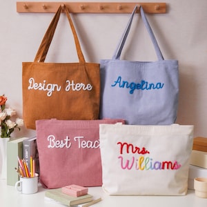 Personalisierte Cord Lehrer Einkaufstasche, Zurück zu Schule Geschenktasche, Hand häkeln Name Reißverschlusstasche, Lehrer Wertschätzung Geschenk, Mrs. Geschenk, Umhängetasche Bild 8
