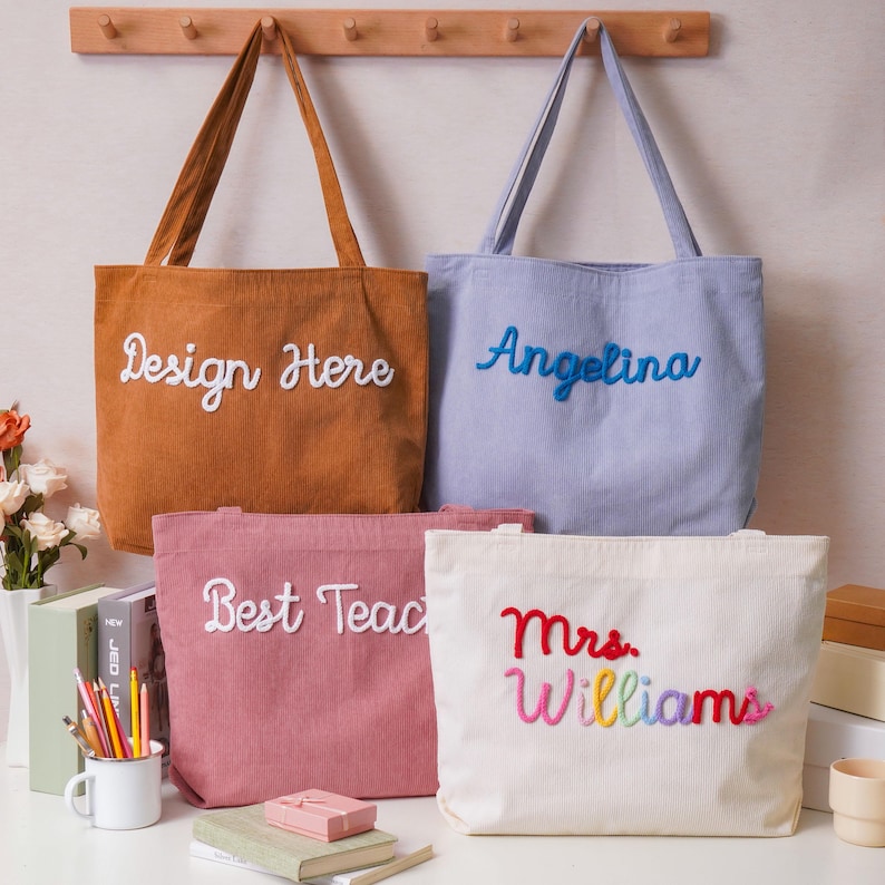 Personalisierte Cord Lehrer Einkaufstasche, Zurück zu Schule Geschenktasche, Hand häkeln Name Reißverschlusstasche, Lehrer Wertschätzung Geschenk, Mrs. Geschenk, Umhängetasche Bild 8