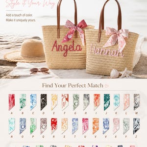 May include: Two woven straw tote bags with brown leather handles, each featuring a personalised name in pink or light pink embroidery and a patterned silk scarf tied to the handle. Below, a chart displays various scarf options labelled A through Z.
