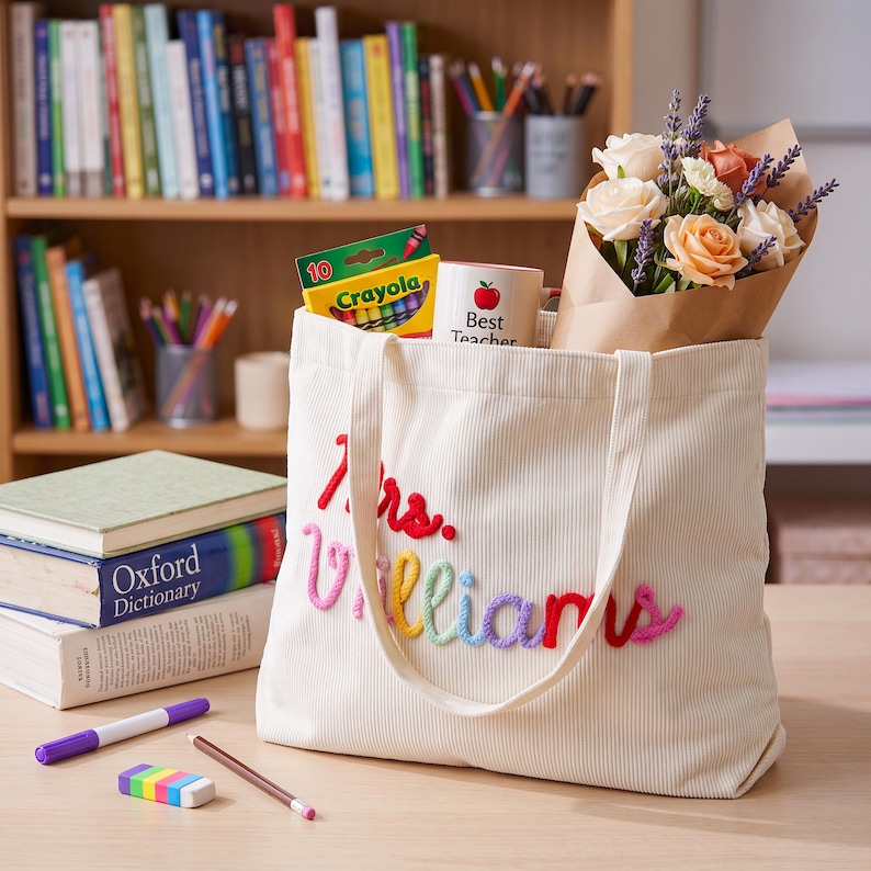 Personalisierte Cord Lehrer Einkaufstasche, Zurück zu Schule Geschenktasche, Hand häkeln Name Reißverschlusstasche, Lehrer Wertschätzung Geschenk, Mrs. Geschenk, Umhängetasche Bild 7