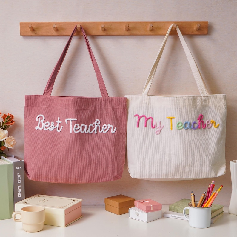 Personalisierte Cord Lehrer Einkaufstasche, Zurück zu Schule Geschenktasche, Hand häkeln Name Reißverschlusstasche, Lehrer Wertschätzung Geschenk, Mrs. Geschenk, Umhängetasche Bild 11