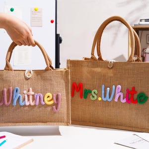 Personalized Burlap Teacher Tote Bag,Custom Crochet Name Tote Bag,Teacher Appreciation Gift,Mrs. Gift,Back to School Tote,End of Year Gift image 4