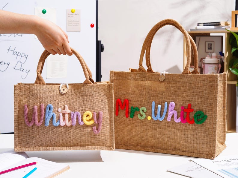 Personalized Burlap Teacher Tote Bag,Custom Crochet Name Tote Bag,Teacher Appreciation Gift,Mrs. Gift,Back to School Tote,End of Year Gift image 4