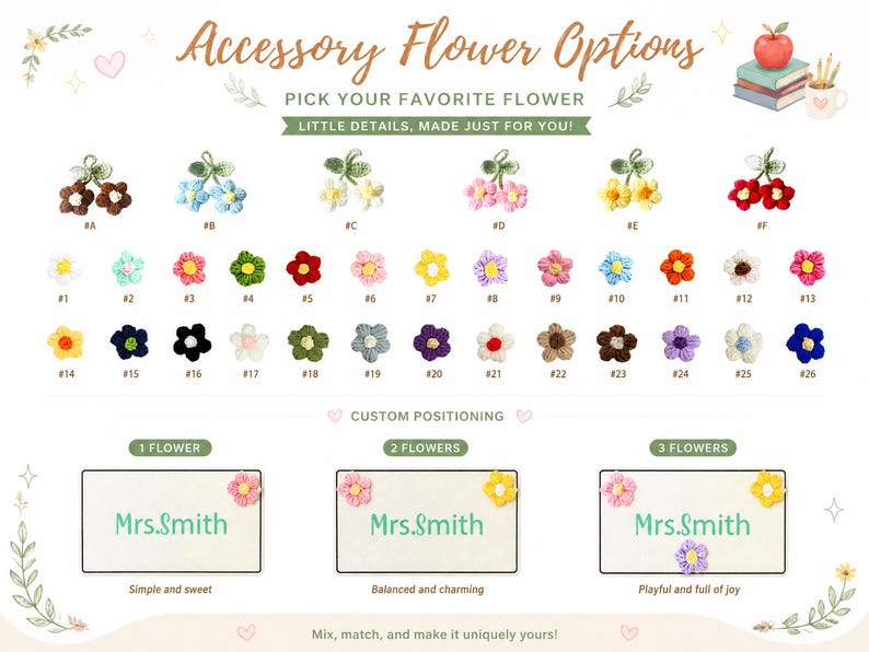 May include: A collection of small crocheted flower appliques in various colors and styles, labeled with numbers and letters. The display includes options for single, double, or triple flower arrangements on a rectangular name tag labeled Mrs. Smith.