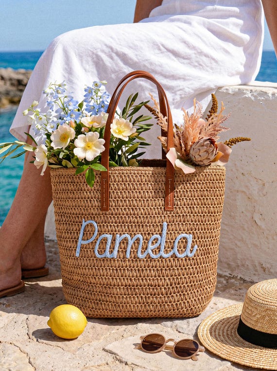 Personalized Straw Beach Tote, Handwoven Crochet Name, Bachelorette Pool Bag,Bridesmaid tote bags,Travel Beach Bag,Summer Vacation bag