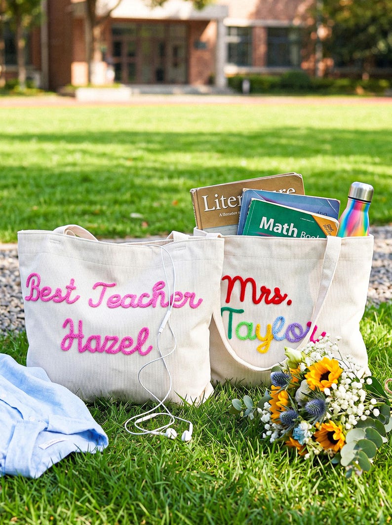 K&ouml;nnte beinhalten: Zwei cremefarbene Cord-Einkaufstaschen mit gesticktem Text. Eine Tasche zeigt "Best Teacher" und "Hazel" in rosa Garn. Die andere Tasche zeigt "Mrs." in Rot und "Taylor" in mehrfarbigem Garn und enth&auml;lt B&uuml;cher sowie eine regenbogenfarbene Trinkflasche.