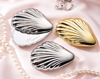 Espejo compacto personalizado con forma de concha marina, espejo de maquillaje con nombre grabado, regalos para damas de honor, espejo de bolsillo, recuerdo de boda, regalo del Día de la Madre, regalo para ella.