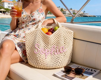 Bolsas de playa personalizadas, bolsa de playa con nombre de crochet, regalo para dama de honor, bolsa de verano, bolsa para despedida de soltera, bolsa de fin de semana, bolsa para mujer, regalo para ella