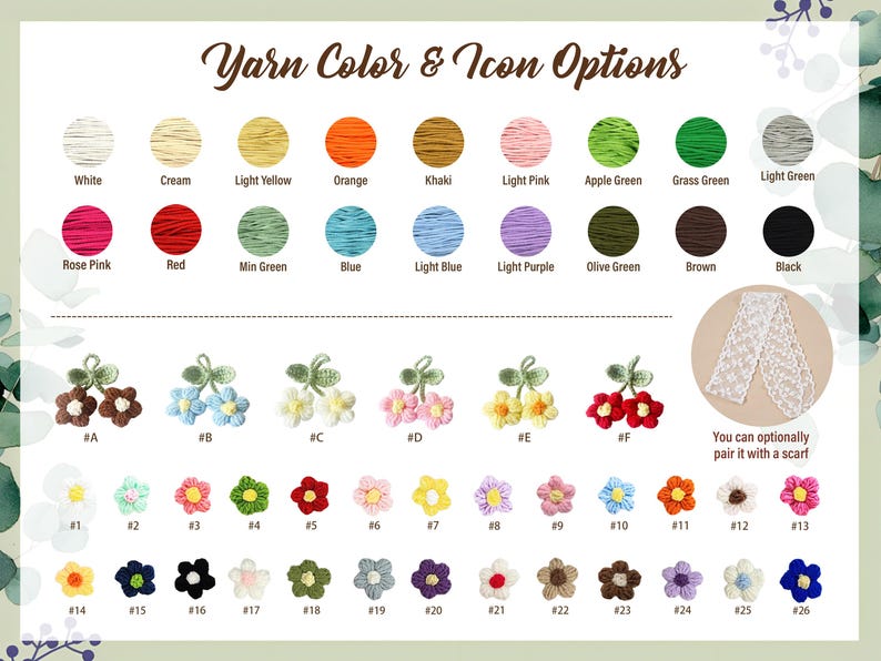 May include: A chart displaying yarn color and icon options. The text "Yarn Color & Icon Options" is at the top. Yarn colors include white, cream, yellow, orange, pink, green, and black. Crochet flower icons are also shown.