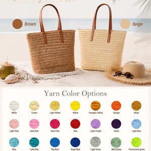 May include: Two woven straw tote bags with brown leather handles, one in a natural brown tone and one in beige. Below, a grid displays 28 circular yarn colour swatches labelled with names including white, yellow, orange, pink, blue, green, and black.