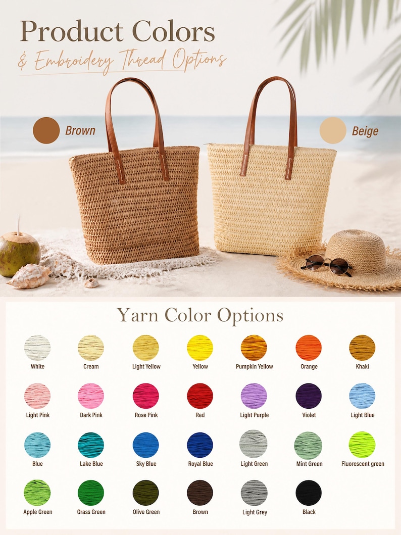 May include: Two woven straw tote bags with brown leather handles, one in a natural brown tone and one in beige. Below, a grid displays 28 circular yarn colour swatches labelled with names including white, yellow, orange, pink, blue, green, and black.