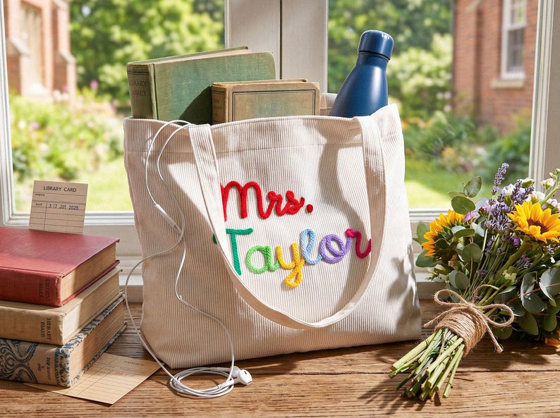 K&ouml;nnte beinhalten: Eine cremefarbene Cord-Tragetasche mit dem gestickten Text Mrs. Taylor in rotem, gr&uuml;nem, gelbem und violettem Garn. Die Tasche enth&auml;lt zwei Hardcover-B&uuml;cher und eine dunkelblaue Wasserflasche, davor liegen wei&szlig;e kabelgebundene Ohrh&ouml;rer.