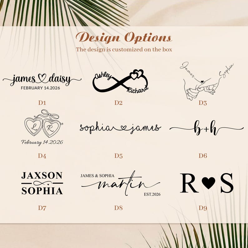 K&ouml;nnte beinhalten: Auswahl an Designoptionen f&uuml;r personalisierte Boxen. Die Designs umfassen Namen, Daten, Initialen und Symbole wie Herzen und Unendlichkeitszeichen. Text enth&auml;lt "Design Options" und "The design is customized on the box."