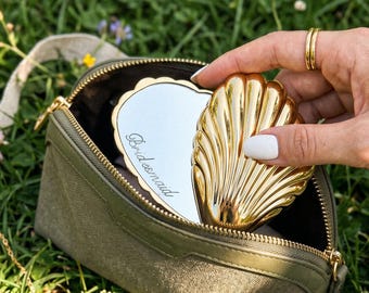Personalized Shell Compact Mirror,Custom Engraved Pocket Makeup Mirror,Bridesmaid Gift,Small Handheld Mirror,Bridal Shower Gift,Gift for Her