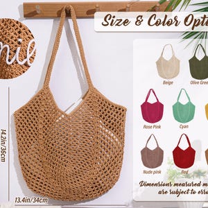 May include: A woven beige tote bag with a 14.2-inch height and 13.4-inch width. The bag has long handles and a V-shaped opening. The image also shows color options: beige, olive green, rose pink, cyan, yellow, nude pink, red, and brown.