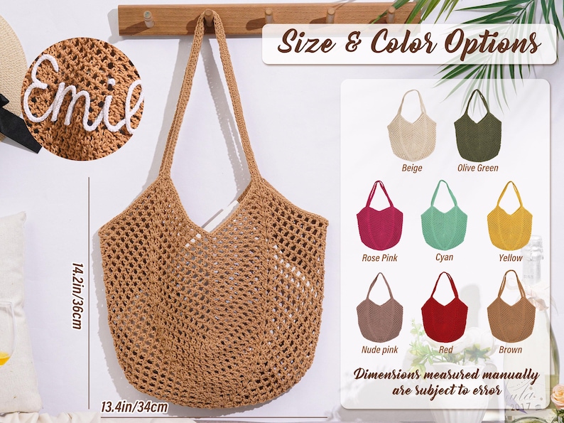 May include: A woven beige tote bag with a 14.2-inch height and 13.4-inch width. The bag has long handles and a V-shaped opening. The image also shows color options: beige, olive green, rose pink, cyan, yellow, nude pink, red, and brown.