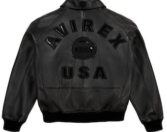 Chaqueta bomber de cuero negro Avirex USA, auténtica piel de vaca, icono de la aviación estadounidense.