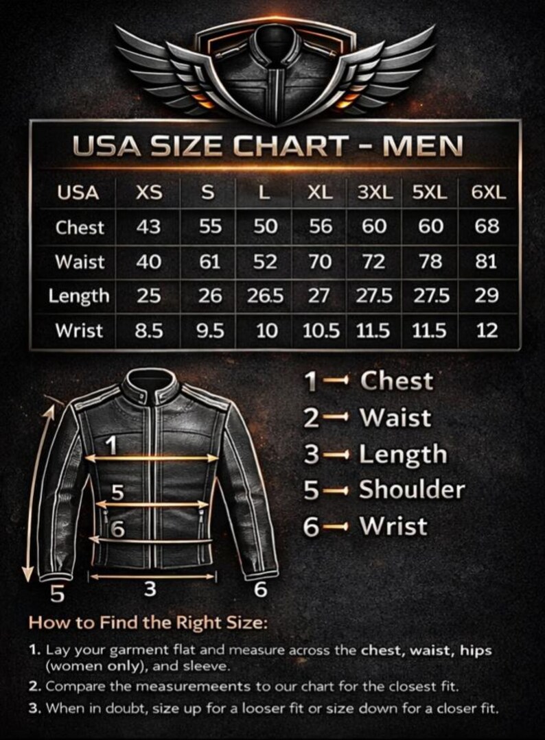 May include: A USA size chart for a jacket featuring a table with columns for sizes XS through 6XL and rows for chest, waist, length, and wrist measurements in inches. Below, a jacket illustration shows numbered measurement points for reference.