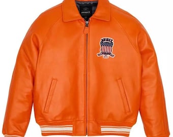 Avirex USA Orange Bomber Leather Jacket, Cowsoft Leather Outerwear
