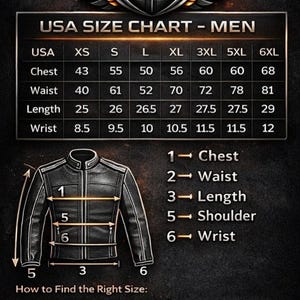 May include: A USA size chart for a jacket featuring a table with columns for sizes XS through 6XL and rows for chest, waist, length, and wrist measurements in inches. Below, a jacket illustration shows numbered measurement points for reference.