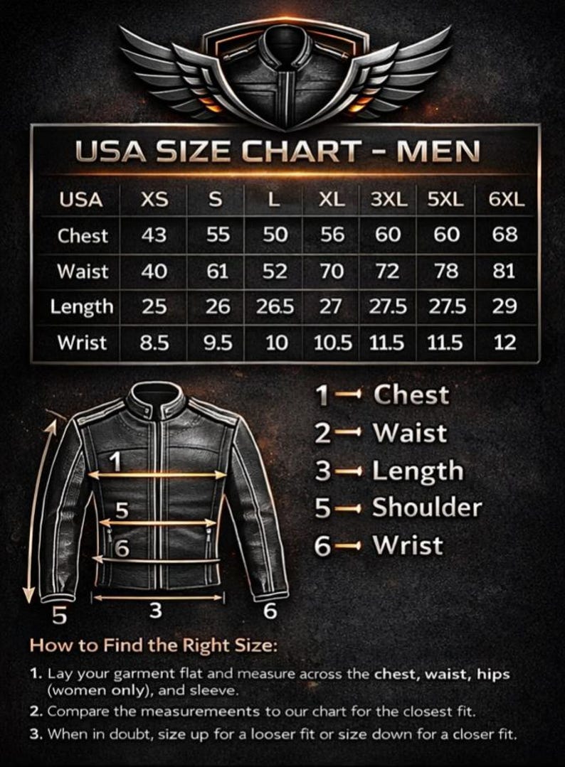 May include: A USA size chart for a jacket featuring a table with columns for sizes XS through 6XL and rows for chest, waist, length, and wrist measurements in inches. Below, a jacket illustration shows numbered measurement points for reference.