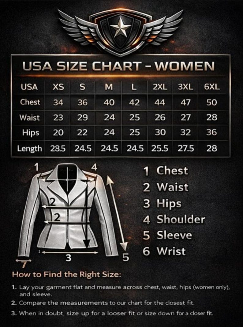 May include: A USA size chart for clothing featuring a table with columns for XS, S, M, L, 2XL, 3XL, and 6XL sizes. It includes measurements for chest, waist, hips, and length in inches. A diagram of a jacket shows numbered points for measuring.