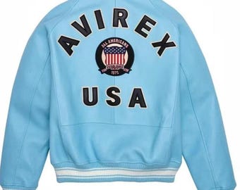 Chaqueta bomber de cuero azul cielo Avirex USA, prenda de abrigo de cuero Cowsoft.