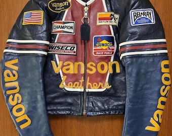 Chaqueta de moto Vanson de cuero negro, chaqueta motera con parches y diseño de estrella en la espalda, prenda de abrigo para motociclistas.