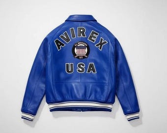 Avirex USA Blue Bomber Leather Jacket, Cowsoft Leather Outerwear