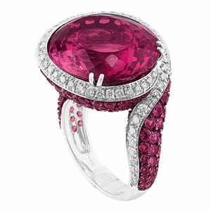Oval Pink Ruby Statement Ring, Halo Set Cocktail Party Wear Ring, Engagement Wedding Bride Ring, Bridesmaid Ring, Anniversary Gift for Wife