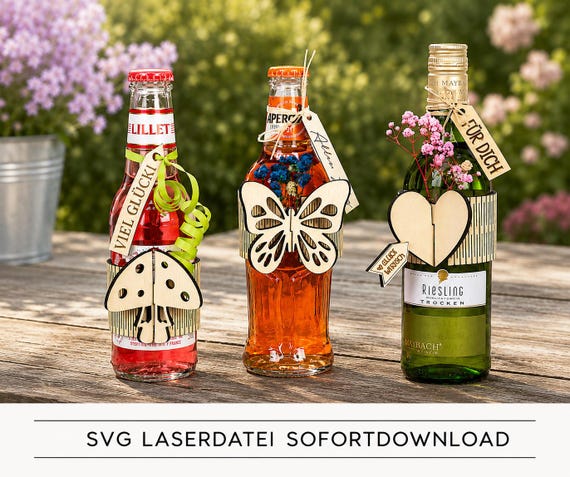 LASERDATEI: Flaschendeko Glück, Bundle 3 Stück, SVG, Geschenk, Manschette, Mini Flasche, Mini-Weinflasche, Glückwunsch, Lillet, Aperol, 3 mm