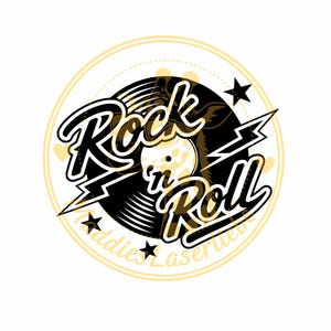 May include: A circular graphic with the words "Rock n' Roll" in a stylized font, with a record design in the background. The design includes lightning bolts and stars, with the text "Laddies Laserwear" at the bottom.