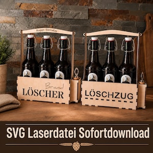 May include: Two light-colored wooden beer carriers with handles, each holding three dark glass bottles with swing-top caps. The left carrier features the text "Happy Biersday" and "Brand LÖSCHER," while the right carrier displays "LÖSCHZUG." Both include side slots for bottle openers.